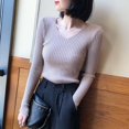 thumbnail image 3 of PIKADINGNIS Basic Solid V-neck Womens Sweater Ribbed Slim Long Sleeve Knit Pullover Women Autumn Winter Casual Sweaters Tops, 3 of 6