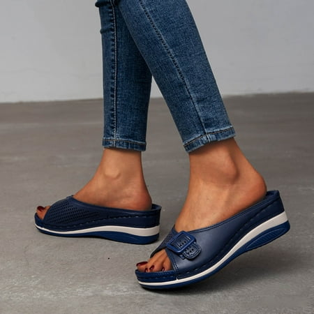 

Dezsed Women s Platform Slippers Flat Shoes Ladies Beach Sandals Summer Non-Slip Causal Slippers Dark Blue 43 on Clearance