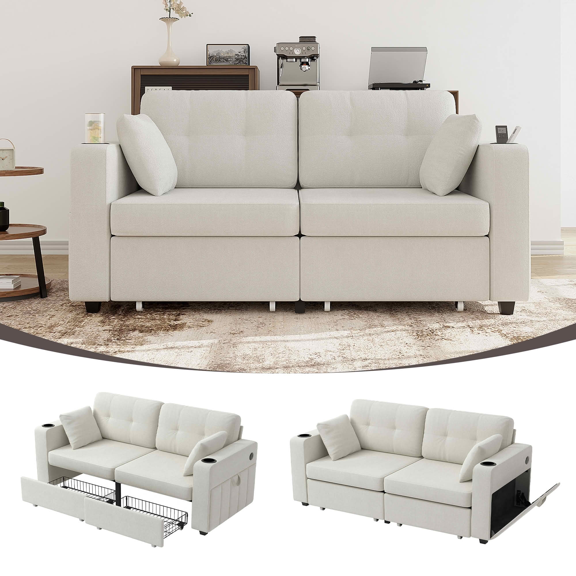 MAYEERTY Modern 3-Seat Chenille Sofa, Wood Frame Sectional Couch with USB Charging, Cup Holder & Storage Function for Home Small Space Living Room