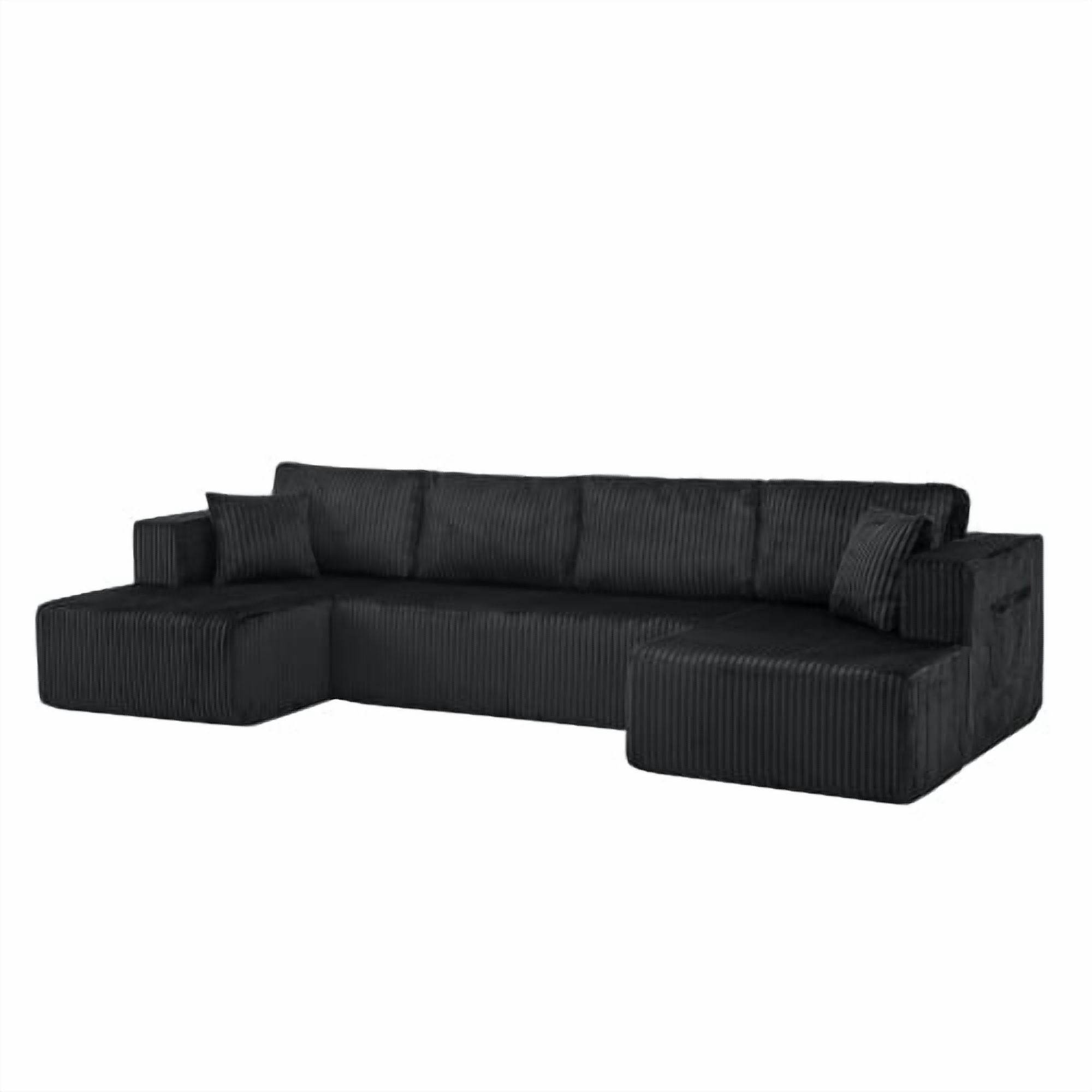 132" U-Shaped Modular Sectional Sofa, Compressed Cloud Couch with Side Pockets, Corduroy Memory Foam Sleeper Sofa, No Assembly Required, Black