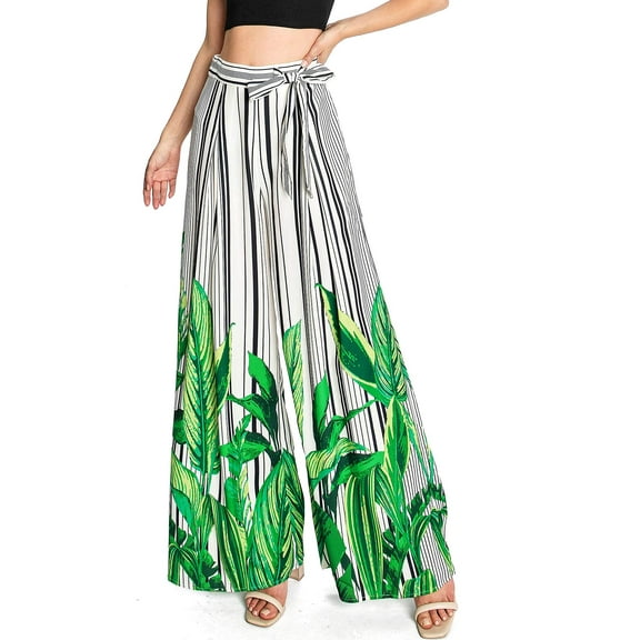 Jealous Tomato Women's Juniors High Waist Tropical Wide-Leg Pants (S, Off-White)