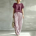 thumbnail image 4 of Womens Casual 2 Piece Outfit Round Neck Solid Tee Striped Pocket Elastic Waist Loose Long Pants Wine L(L), 4 of 6