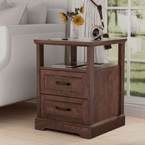 Hommpa Farmhouse End Tables for Living Room, Nightstand with Charging Station, Rustic Sofa Side Table with 2 Drawers and Storage Shelf, Bedside Cabinet for Bedroom, Brown