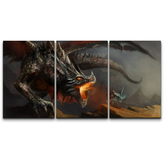 wall26 Canvas Print Wall Art Set Fire Dragon & Shining Knight Duel Fantasy & Sci-Fi Myth Illustrations Modern Art Contemporary Scenic Fun Colorful for Living Room, Bedroom, Office - 24"x
