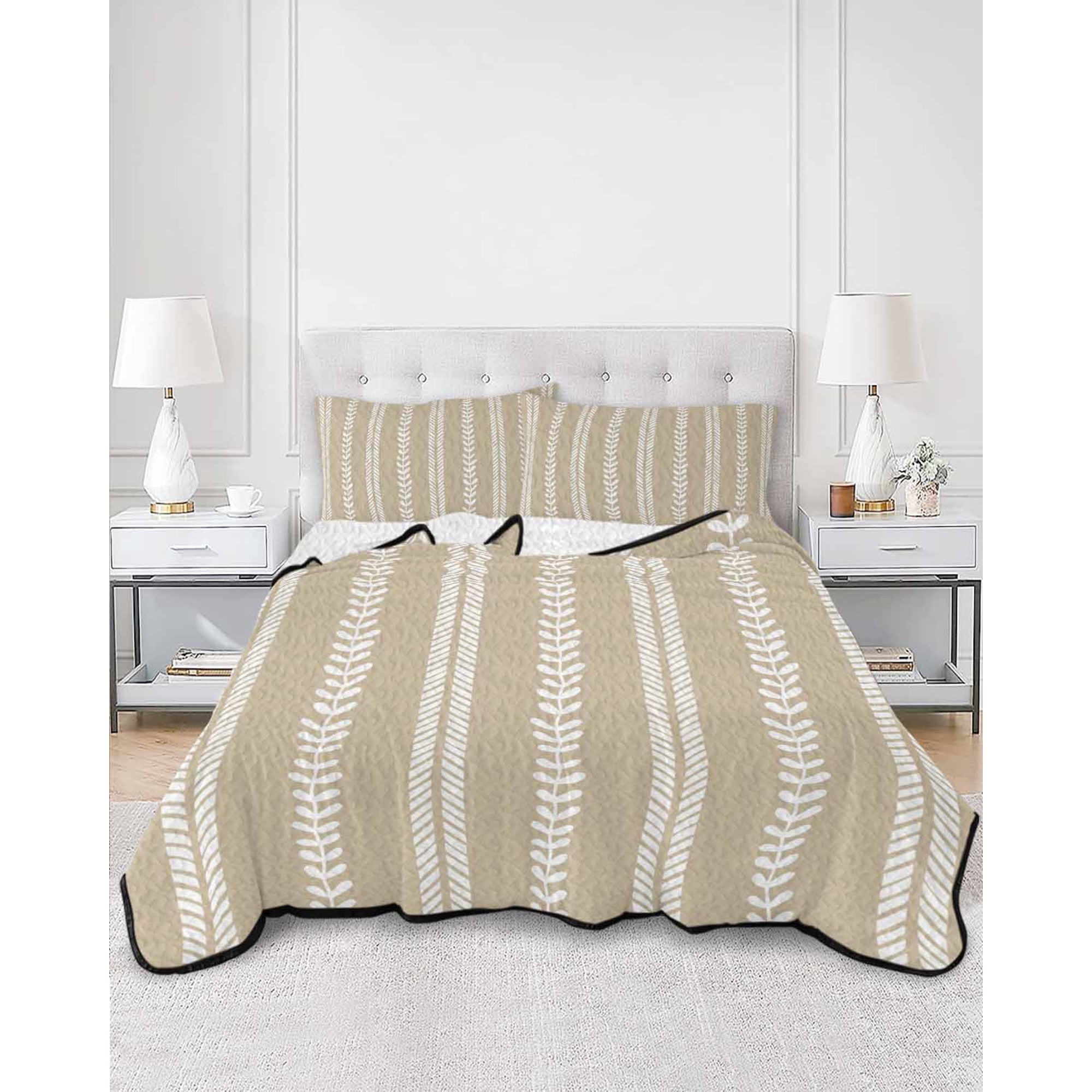 Quilts Full Size Boho Leaves Soft Comforter Bedding Set for Bed Farmhouse Brown Abstract Modern Retro Stripes Lightweight Quilted Bedspread with Pillow Cover(2 Pieces) for All Season 78x90 Inch