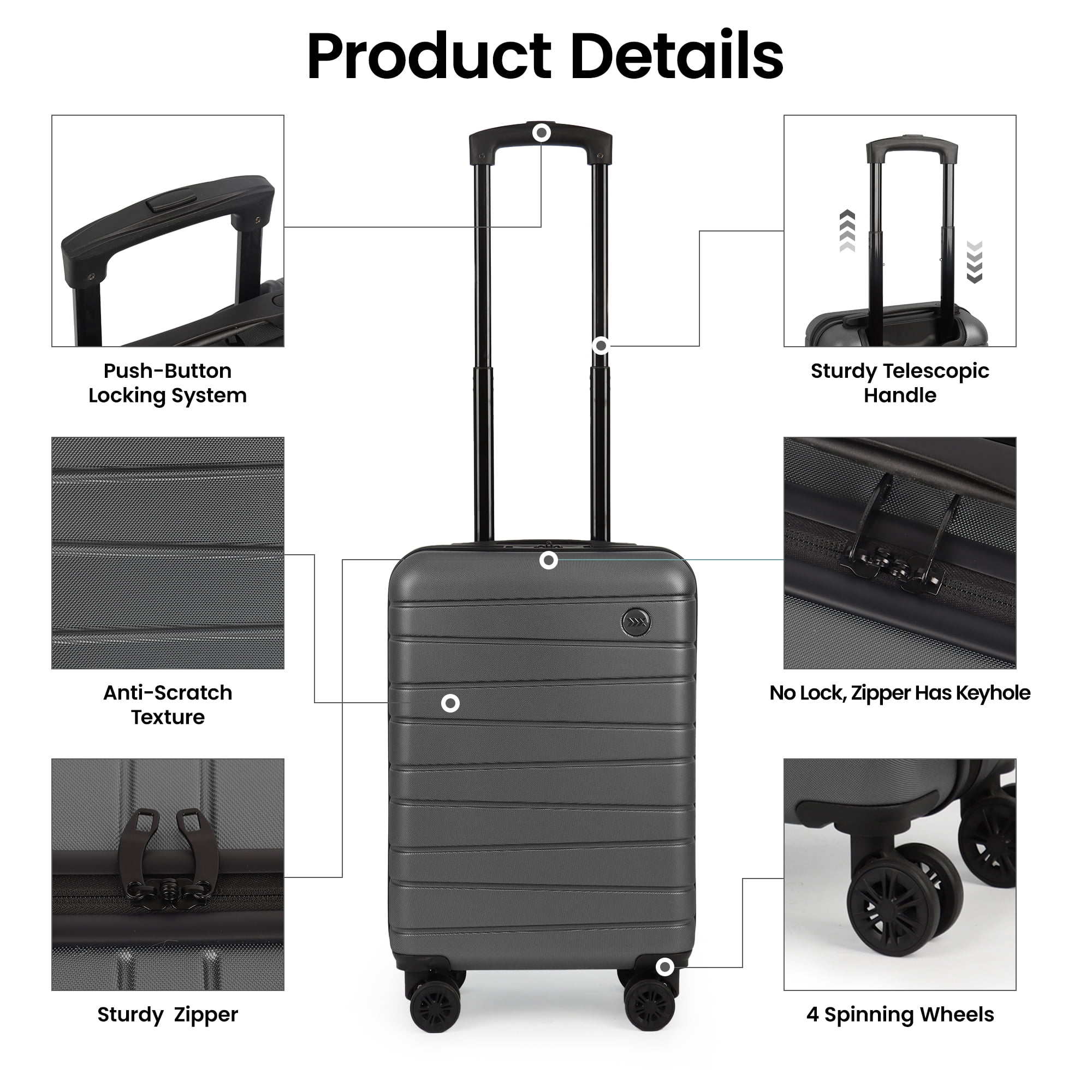 New York Xpress 20" Hardside Carry-on Luggage Airline-Approved, Lightweight Hard Shell Suitcase with Spinner Wheels, Grey - 2538