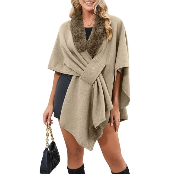 Women's Open/ Front Cardigan Solid Color Poncho Cape Plus Size Knit Wraps for Fall Winter Khaki One Size