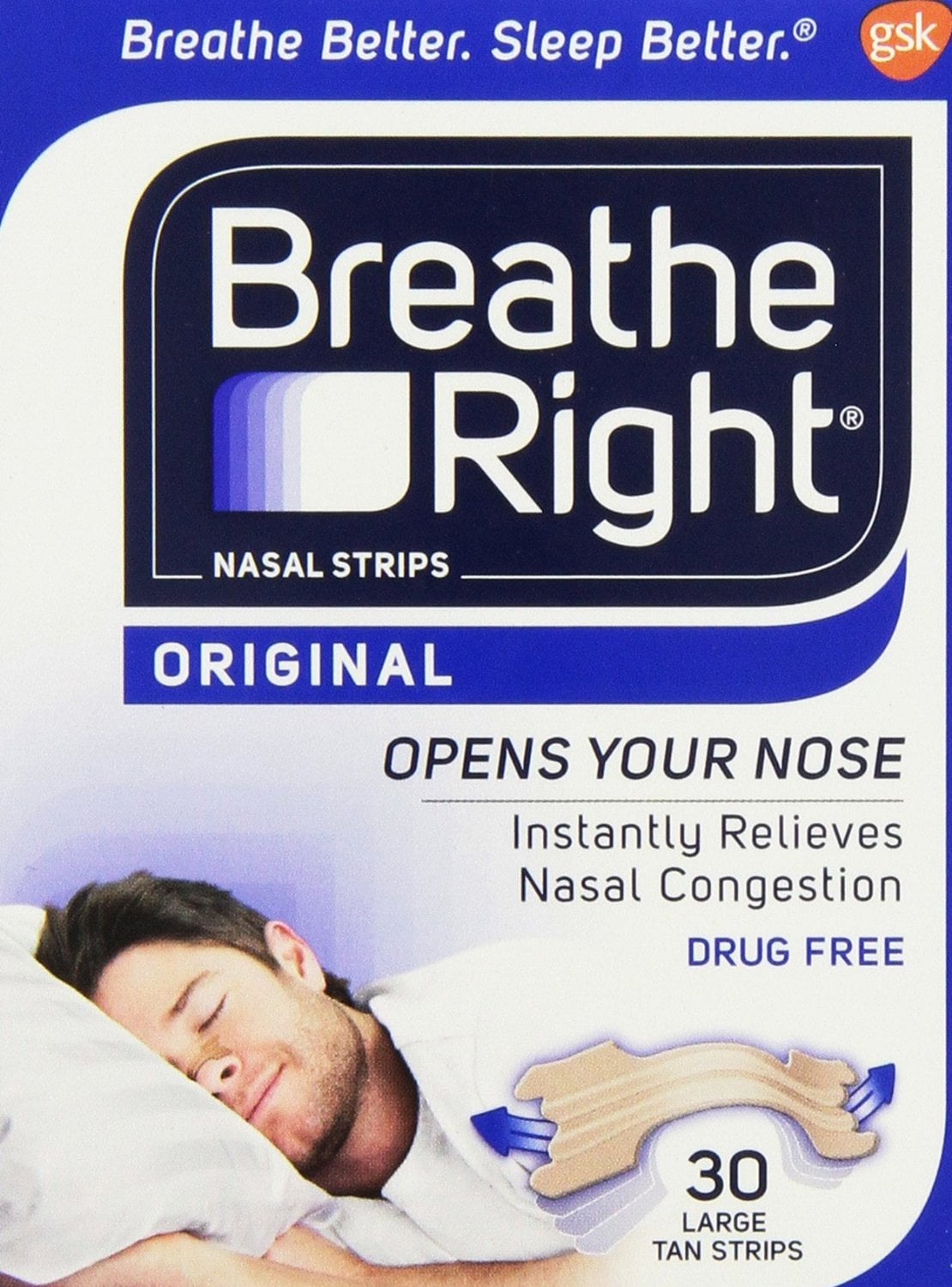 Breathe Right, ORIGINAL Nasal Strips 30 LARGE TAN Strips