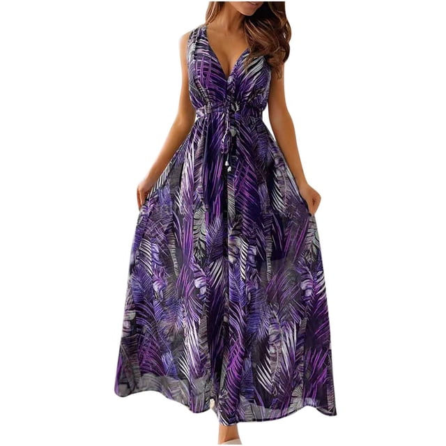 MesaSe Robes Maxi d'Été pour Femmes Imprimé Tropical Robes de Plage Col en V Sans Manches Taille Haute Lacée Robe Maxi Fluide Robe d'Été