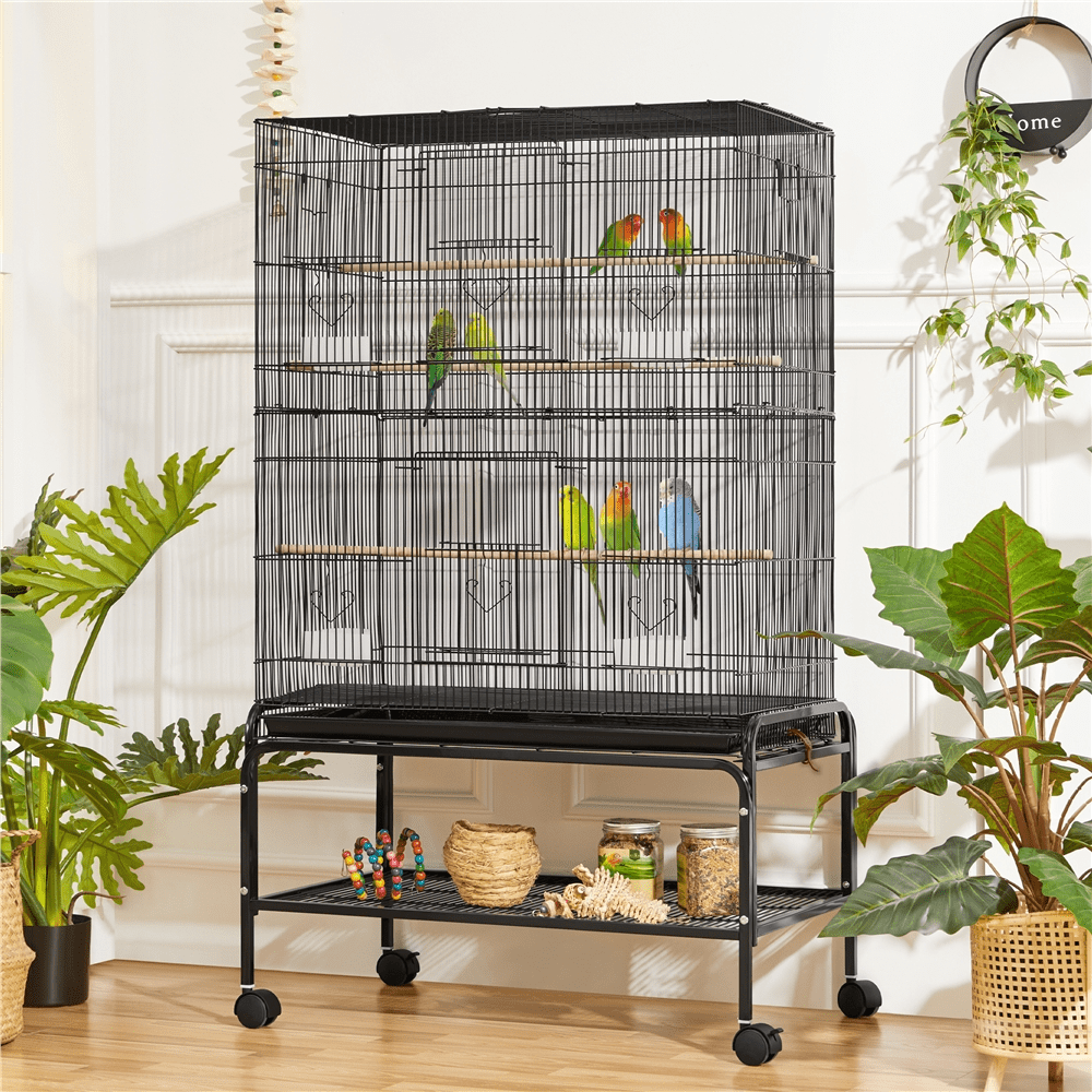 Alden Design 53″ H Rolling Metal Parrot Birdcage with 3 Perches & 4 Feeders, Black