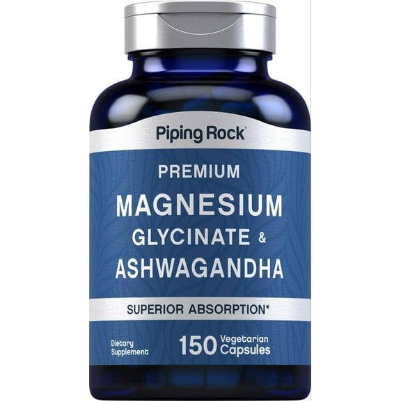 Magnesium Glycinate with Ashwagandha | 150 Capsules | Supplement for Men and Women | by Piping Rock