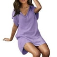 thumbnail image 1 of B91xZ Robes d'Été pour Femmes Manches Courtes à Volants Col Rond Taille Élastique Robe Midi à Volants, Violet m, 1 of 5