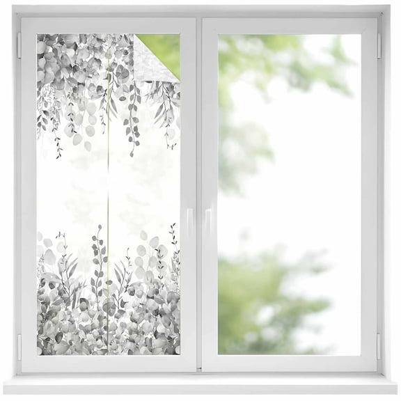 Grey Botanical Window Privacy Film, Weeping Eucalyptus Leaves Watercolor Static Cling UV Sun Blocking Heat Control Window Tint Day and Night, Non-Adhesive One Way Windows Privacy Cover 19.6''x39.3''