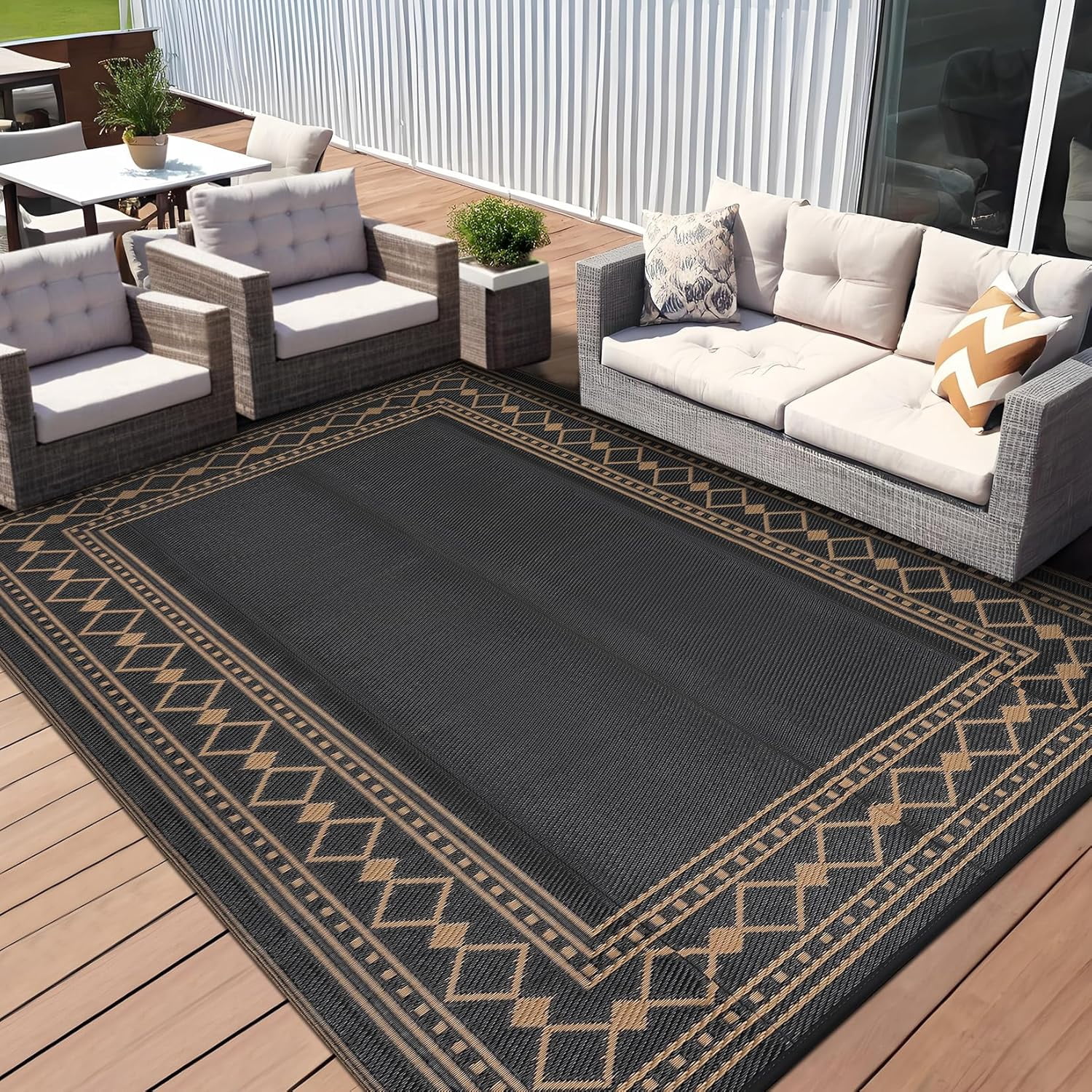 Funslane 9' x 18' Waterproof Outdoor Rug, Reversible Plastic Straw Patio Mat, Easy to Clean & Portable, for Deck, RV, Camping & Balcony, Black/Brown