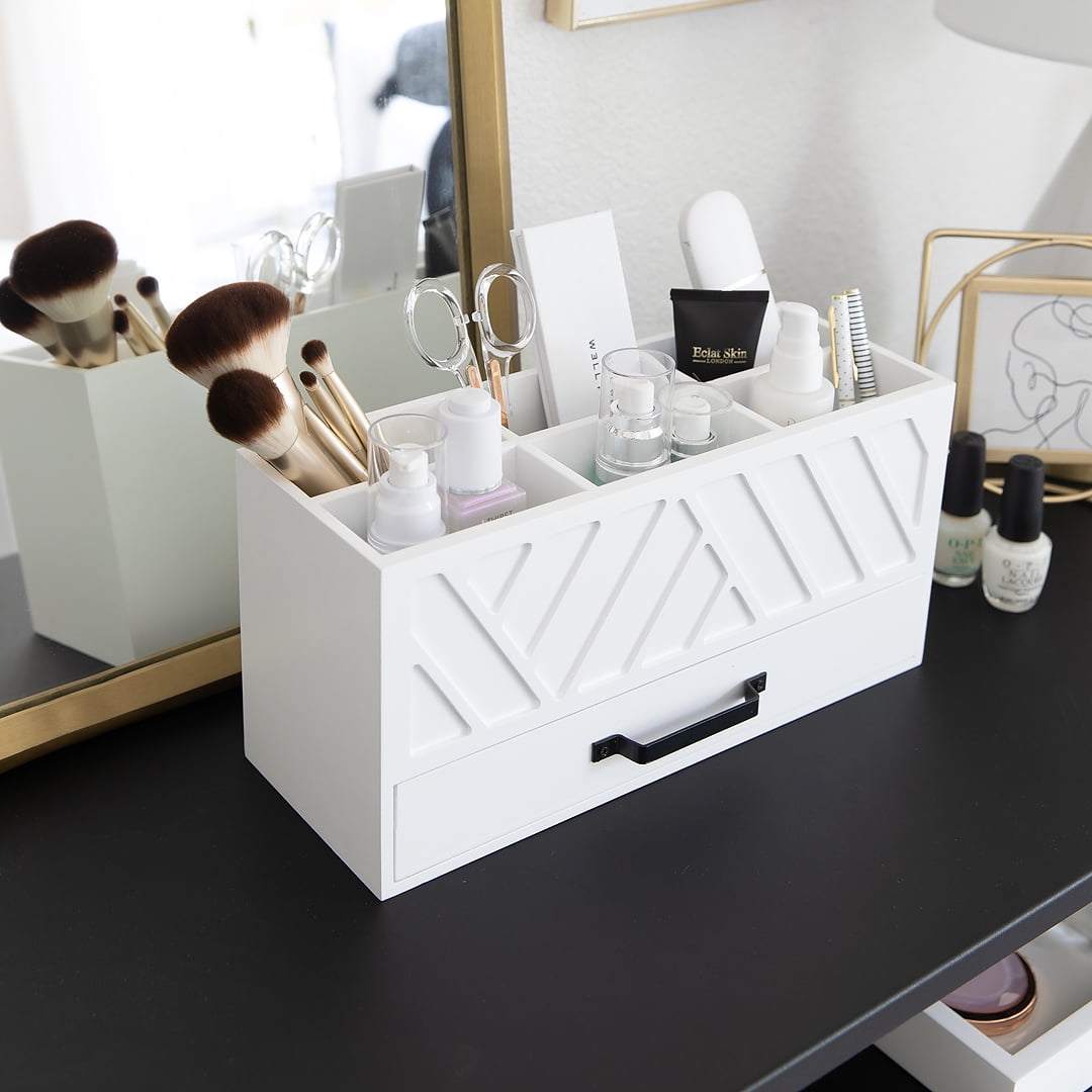 Blu Monaco 6 Compartments White Wooden Pen Organizer – Pencil Holder for desk - Office Supply Organizer for Art or Marker – Stationary Organizer