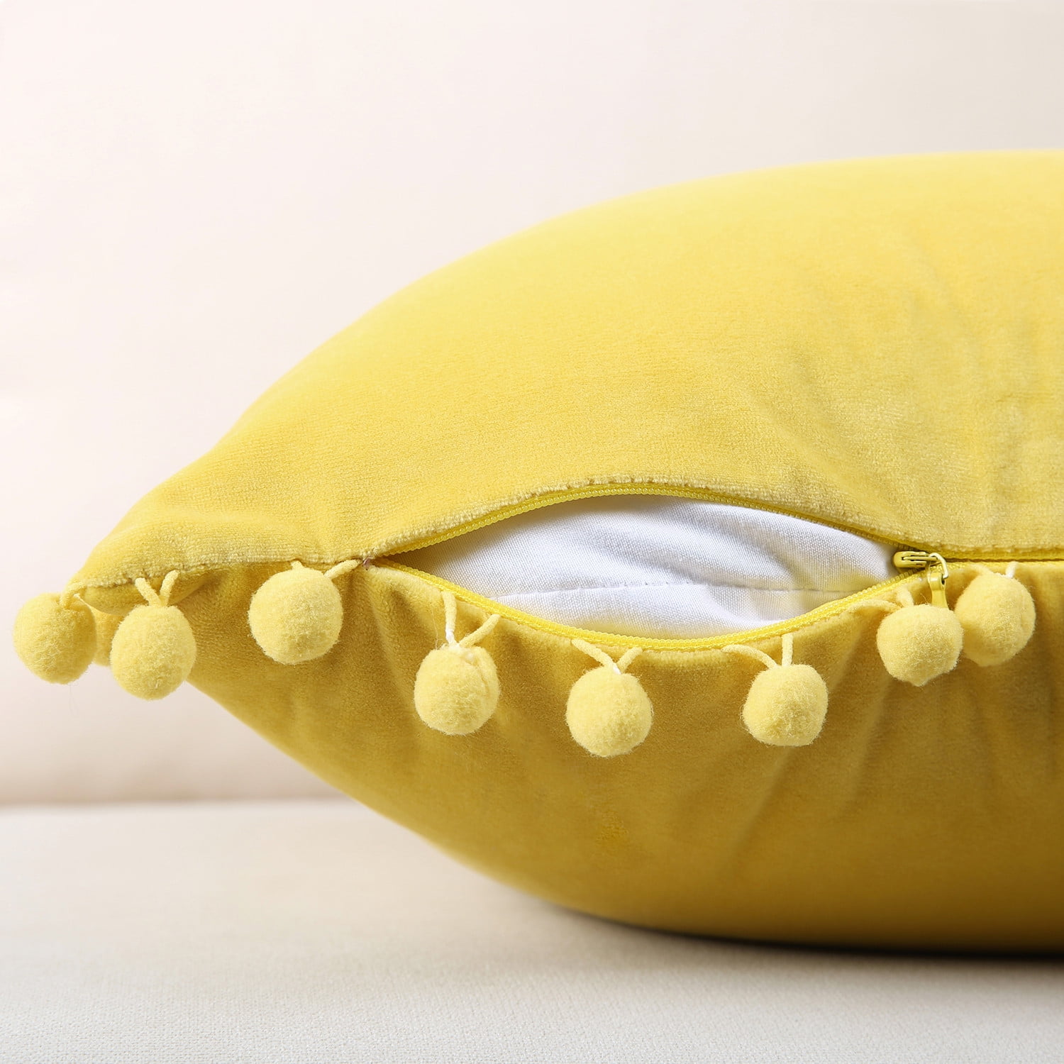 Phantoscope Pom Pom Velvet Series Decorative Throw Pillow, 18" x 18", Yellow, 2 Pack