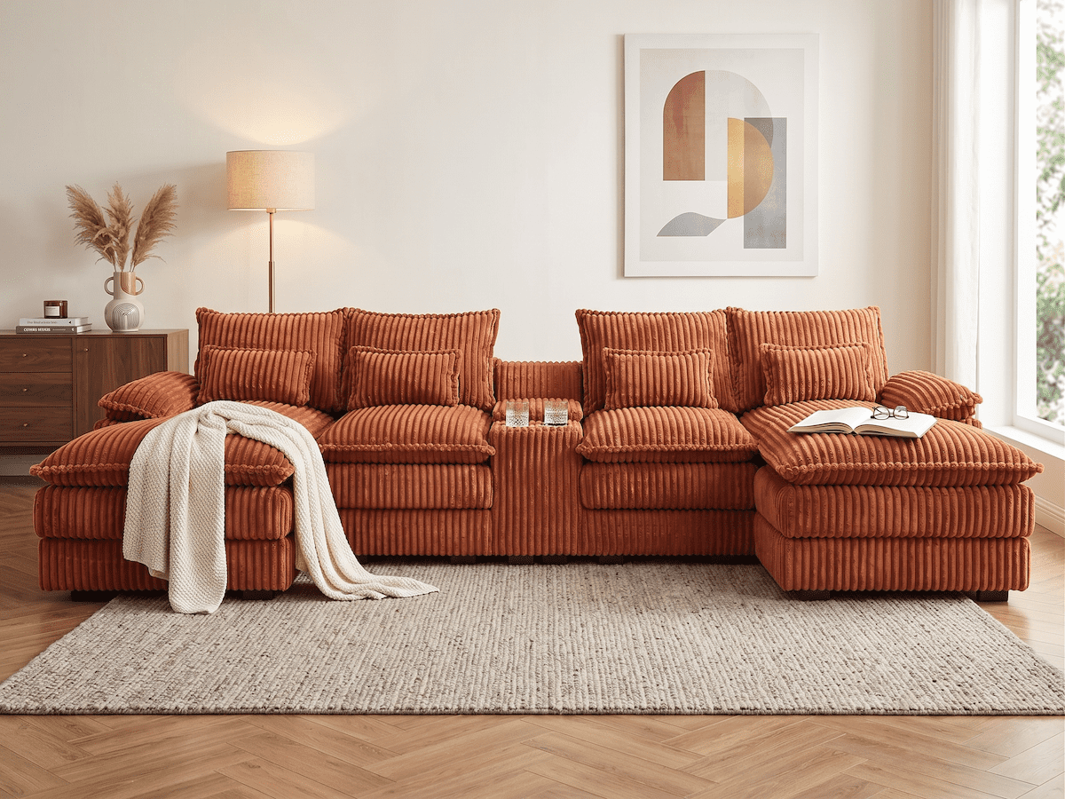 125" Oversized Cloud Couch Modular Sectional Sofa with Chaise, Deep Seat Sectional Couch with Center Console, USB Ports & Cup Holders, 6 Seater Comfy Upholstered Sofa for Living Room