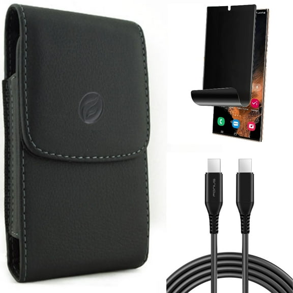 Privacy Screen Protector & 10ft Long USB-C Cable & Case Belt Clip for Samsung Galaxy S22 Ultra (6.8") - Combo TPU Film (Fingerprint) Anti-Peep & PD Fast Charger Cord Power Wire & Leather Holster