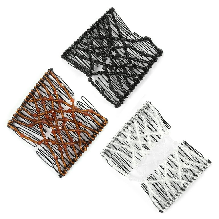 HEMOTON 3pcs Combs Hair Bun Maker Accessories Elastic Beaded Double Hair Clips Combs Hair Styling Tool for Woman (White, Black, Coffee)