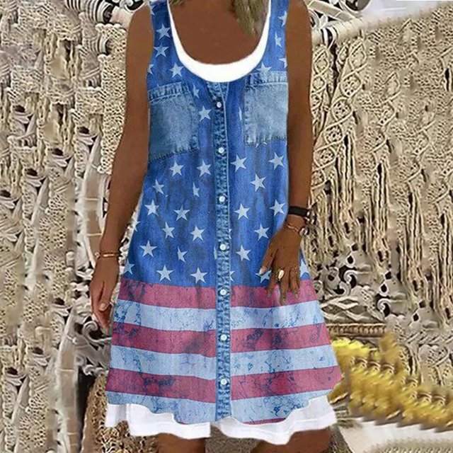 Baikeli Robes Populaires pour Femmes 2024 Mini Robes pour Femmes Décontractées Sans Manches Robe d'Été Imprimé Fleuri Tenues Mignonnes Robes Boutonnées Col Rond Robe pour Femmes