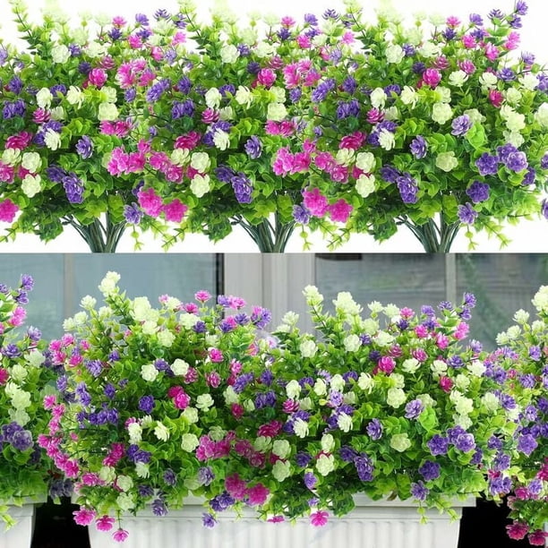 Flores artificiales, 8 piezas de flores artificiales para decoración de interiores y exteriores, plantas resistentes a los rayos UV, arbustos, ramo de plástico para el hogar, jardín,