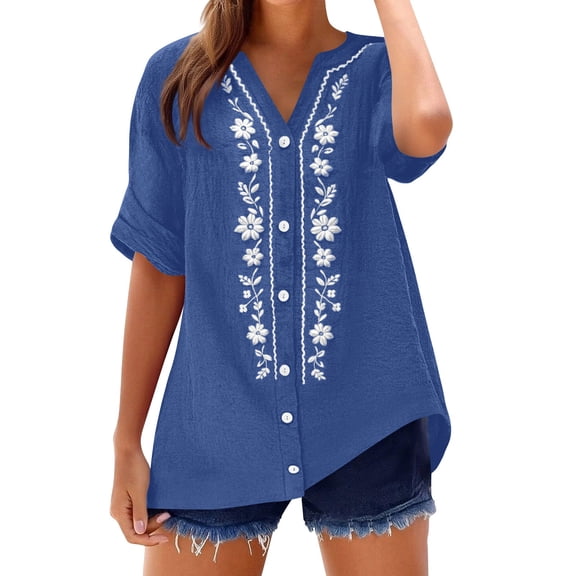 TKLPEHG Spring Tunic Tops for Women Button Embroidery Tunic Shirts Loose Fit Leisure Ladies Fashion Print Tee Lightweight Comfy Short Sleeve V-Neck Summer Everyday Wear (Blue,M)