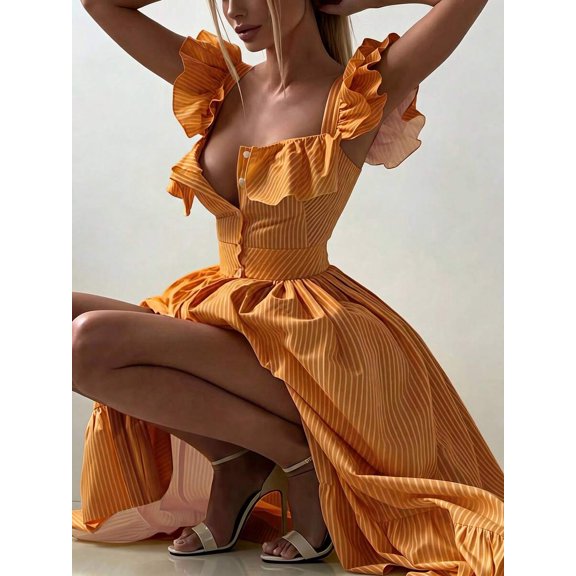 Orange Red Striped Ruffle Square Neck Womens Dress, Elegant Vacation Party