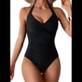 thumbnail image 1 of Traje de Baño de una Pieza para Mujer, Estilo Halter, Fruncido, Control de Abdomen, Push Up Negro XL, 1 of 9