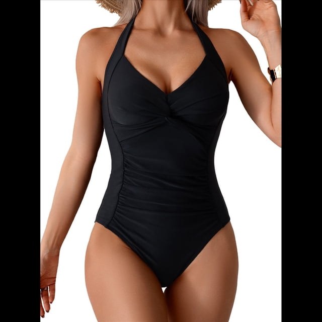Traje de Baño de una Pieza para Mujer, Estilo Halter, Fruncido, Control de Abdomen, Push Up Negro XL