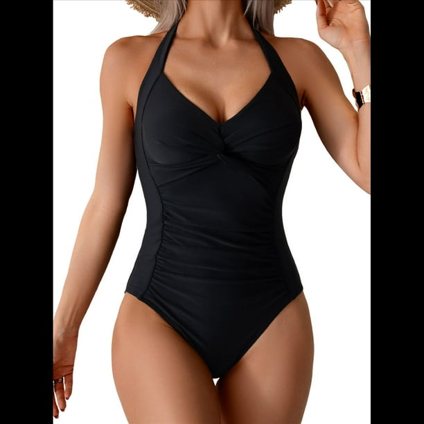 Traje de Baño de una Pieza para Mujer, Estilo Halter, Fruncido, Control de Abdomen, Push Up Negro XL