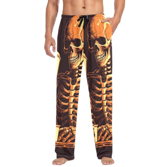 A Skeleton Drinking Coffee Mens Cotton Pajama Pant Sleep and Lounge Bottons with Pockets