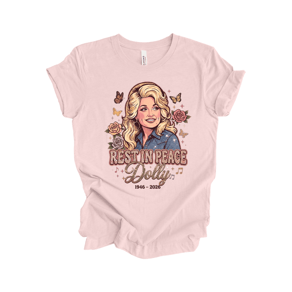 Trenz Shirt Company Rest in Peace Dolly 1946-2026 Memorial Tribute T-Shirt – Florals And Butterflies Graphic Design-Soft Pink-Small