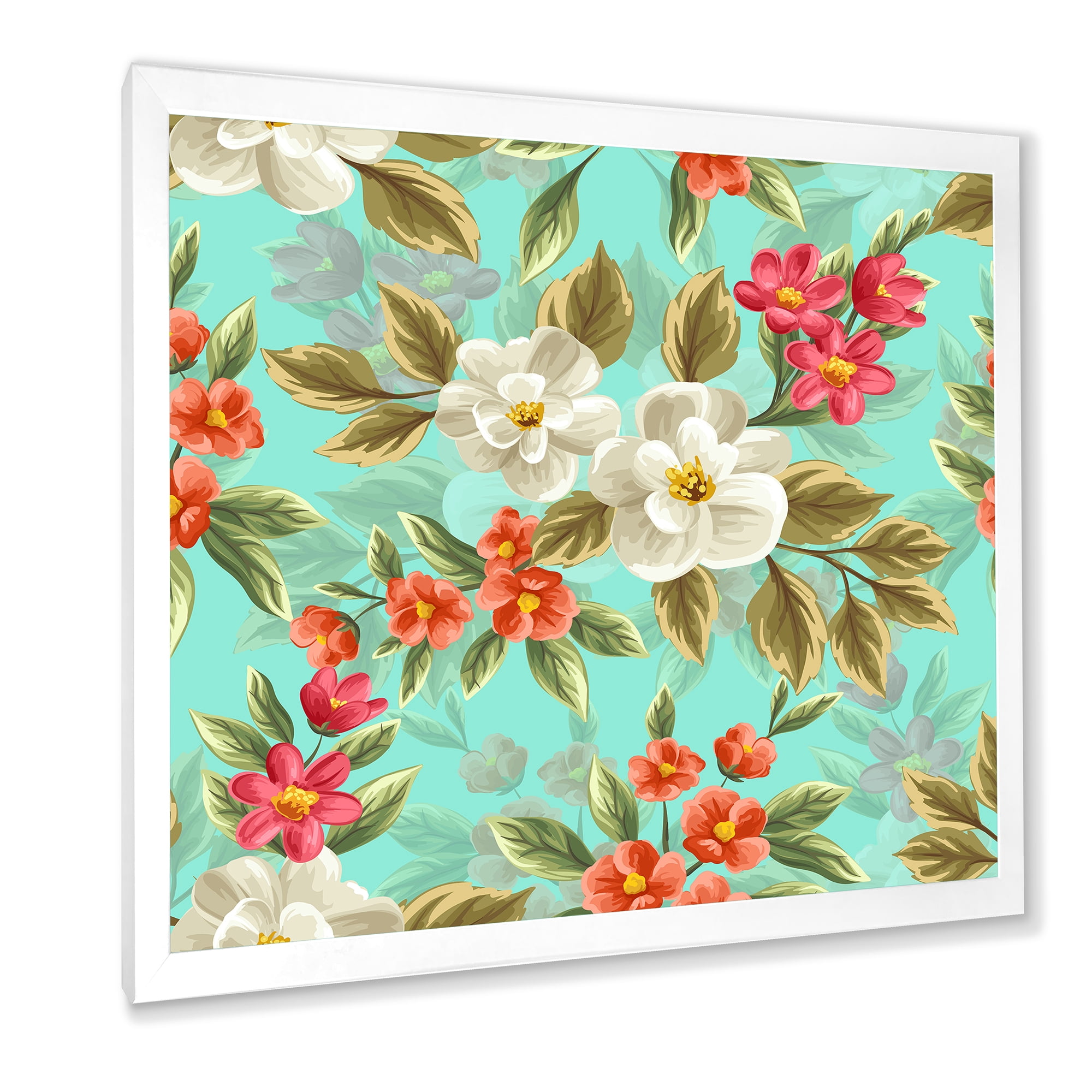 Designart 'Red and White Floral Seamless Pattern' Traditional Framed Art Print