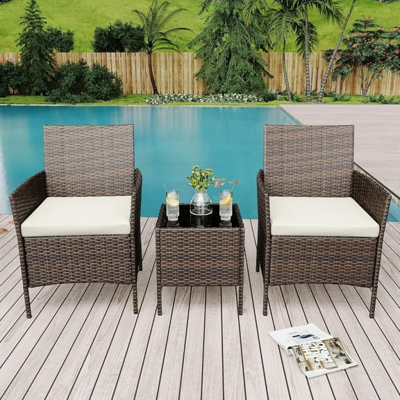 Emorefun 3 Piece Patio Conversation Sets, Outdoor Patio Bistro Sets with Coffee Table for Garden, Yard, Balcony, Brown/Beige