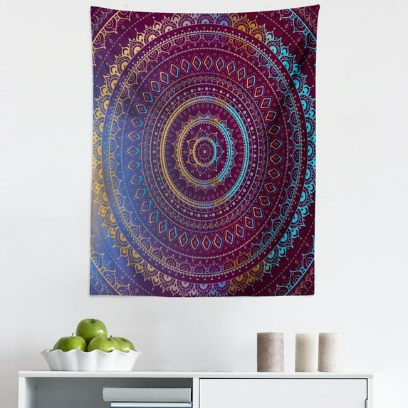 Mandala Tapestry, Boho Style of Cosmos Floral Ombre Details Digital Traditional Artwork, Fabric Wall Hanging Decor for Bedroom Living Room Dorm, 5 Sizes, Dark Fuchsia Blue Camel, by Ambesonne