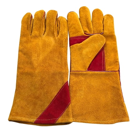1 Pair 14 Inches Long Fireproof Cowhide Gloves Wear Resistance Gloves Forepaw Thickened Cowhide Gloves Extended Barbecue Gloves E