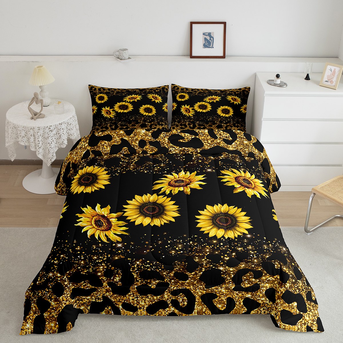 Manfei Vibrant Sunflower Bedding Twin Comforter Set, Leopard Cheetah Print Down Comforter, Sequin Print Reversible Duvet Insert, Ultra Soft Room Decorative, 2pcs