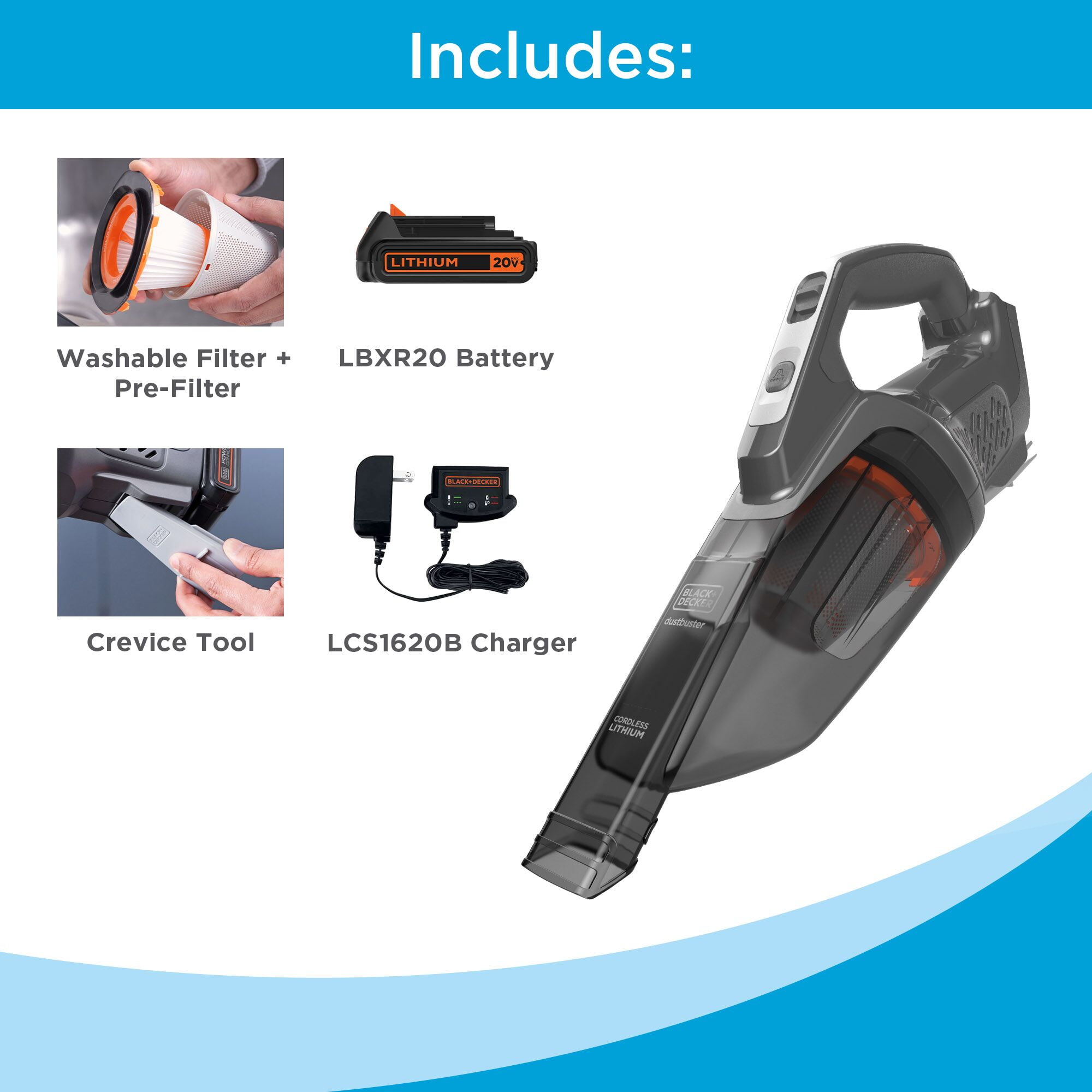 BLACK+DECKER Dustbuster POWERCONNECT Cordless Handheld Vacuum, for Home and Car, with Removable Battery and 2-Stage Filtration, BCHV001C1, Grey