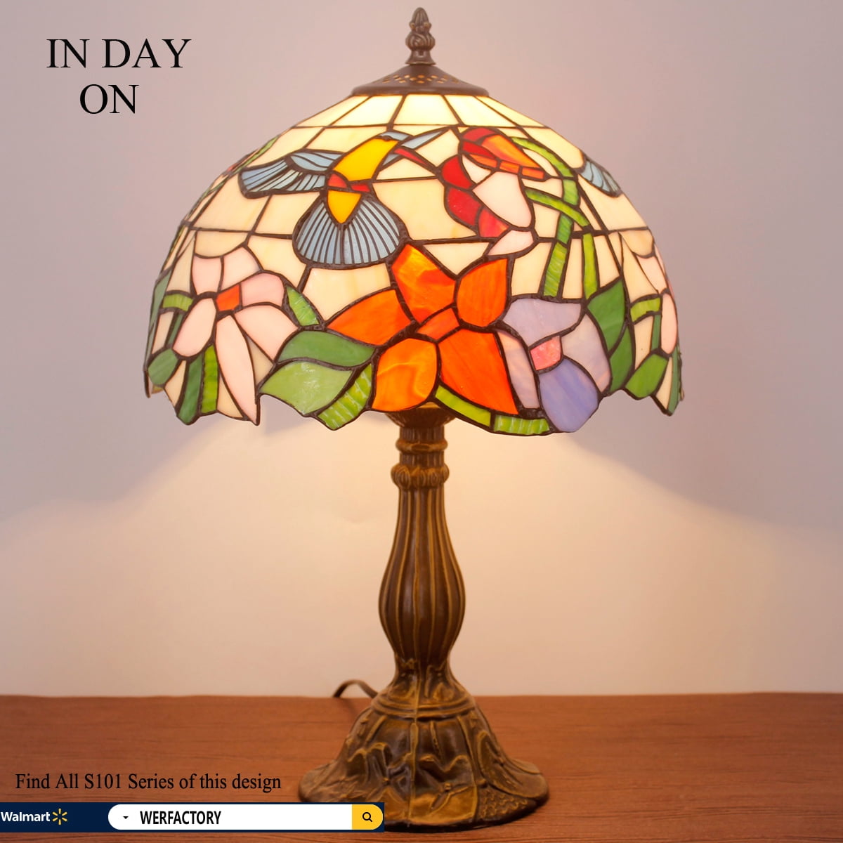 Tiffany Lamp W12H18 Inch Hummingbird Stained Glass Reading Table Bedside Desk Light S101 WERFACTORY Lamps Antique Art Craft Gift Parent Girlfriend Lover Kid Living Room Bedroom Study Coffee Bar Deco