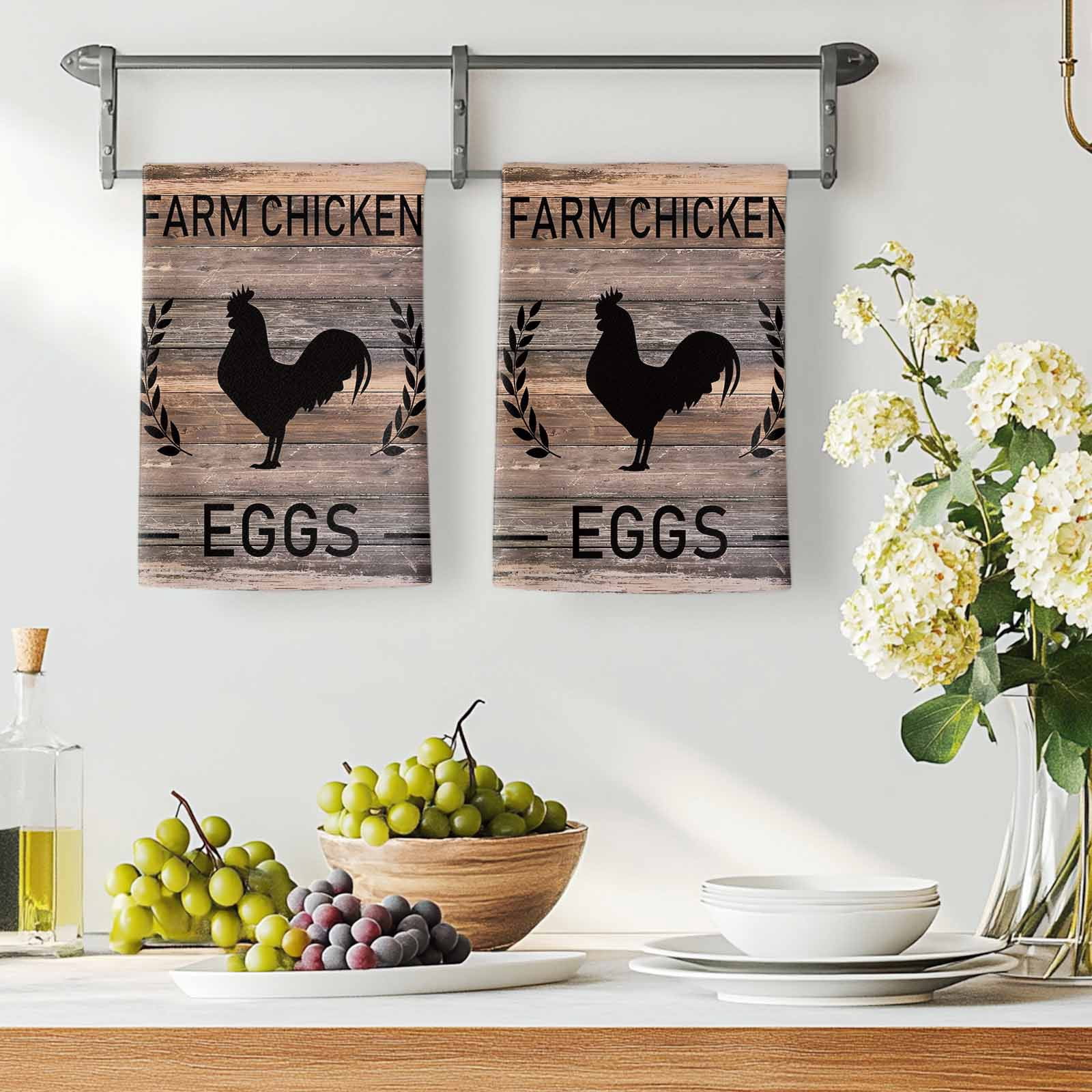 Dish Towels, Chicken Eggs Absorbent Kitchen Towels 2 PCS, Farmhouse Animal Brown Wood Grain Microfiber Hand Towels Dish Cloths Tea Towels for Home&nbsp;Bathroom Cleaning Drying,18X28-Inch,