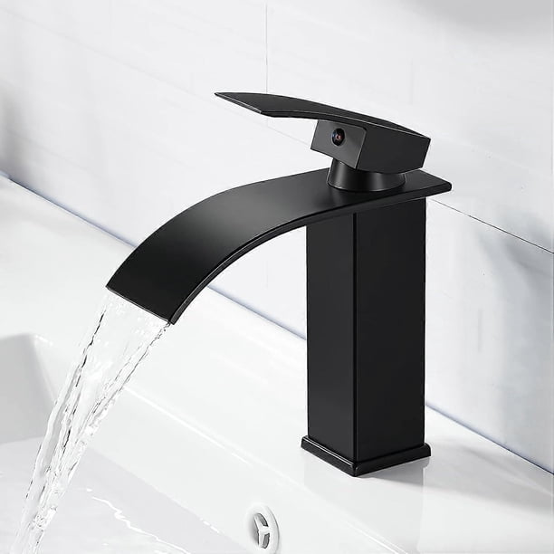 Modern Black Waterfall Basin Faucet, Elegant Design Bathroom Faucet, Brass Bathroom Mixer Tap, Hot and Cold Water Available, Black Waterfall Faucet, A
