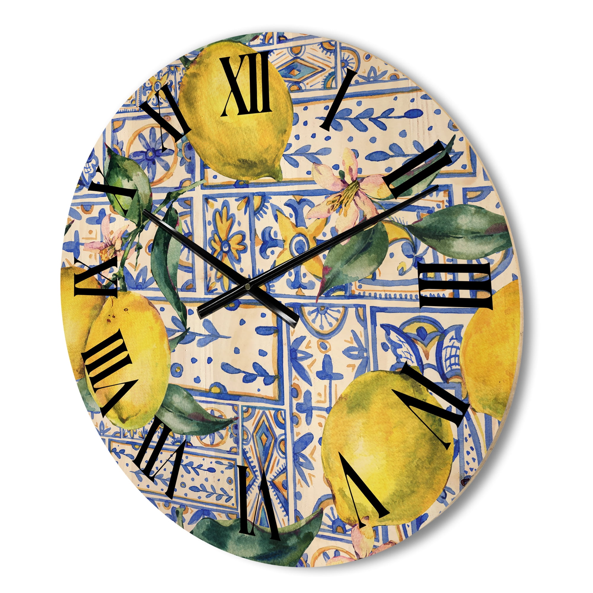 Designart 'Geometrical Pattern of Lemon Ornament On Blue I' Tropical Wood Wall Clock