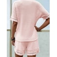 thumbnail image 4 of Womens Fringe Trim Textured Short Two Piece Set Waffle Tops and Short Sets Pink L, 4 of 6