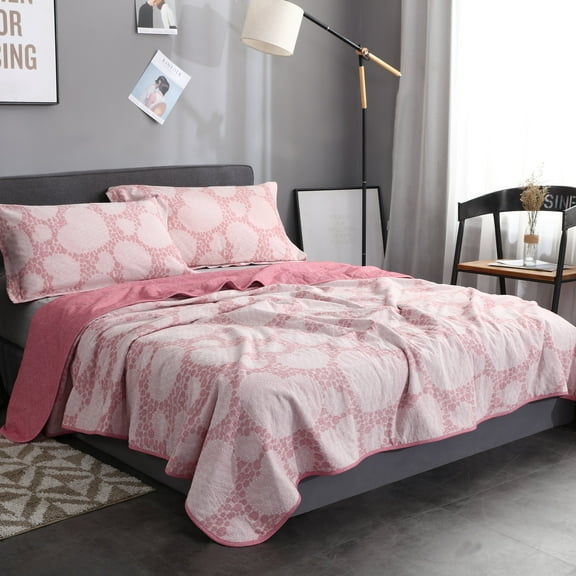 All-Season 100% Washed Cotton 3 Piece Quilt Set Bedspread Queen Blanket and 2 Pillow Case Sham Set (Double/Queen, Coral Pink) – 90 x 90