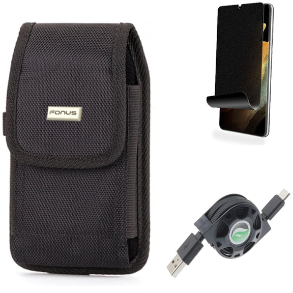 USB Cable & Case Belt Clip & Privacy Screen Protector for Samsung Galaxy S22 Plus (S22 ) - Combo Retractable Type-C Charger & Swivel Holster Rugged & TPU Film (Fingerprint) Anti-Peep