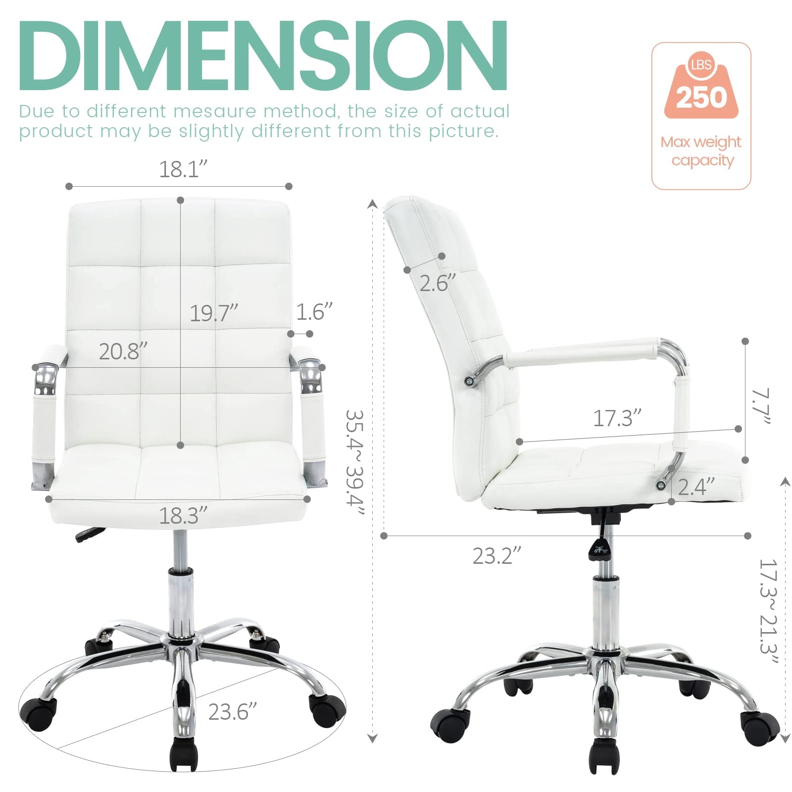 PU Leather Office Chair with Arms, Adjustable Height, Swivel Rolling Desk Chair, Mid-Back Upholstered Modern Chair for Home, Study, or Vanity, White