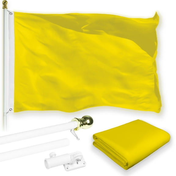 G128 Combo Pack: 5 Ft Tangle Free Aluminum Spinning Flagpole (White) & Solid Yellow Color Flag 2x3 Ft, LiteWeave Pro Series Printed 150D Polyester | Pole with Flag Included