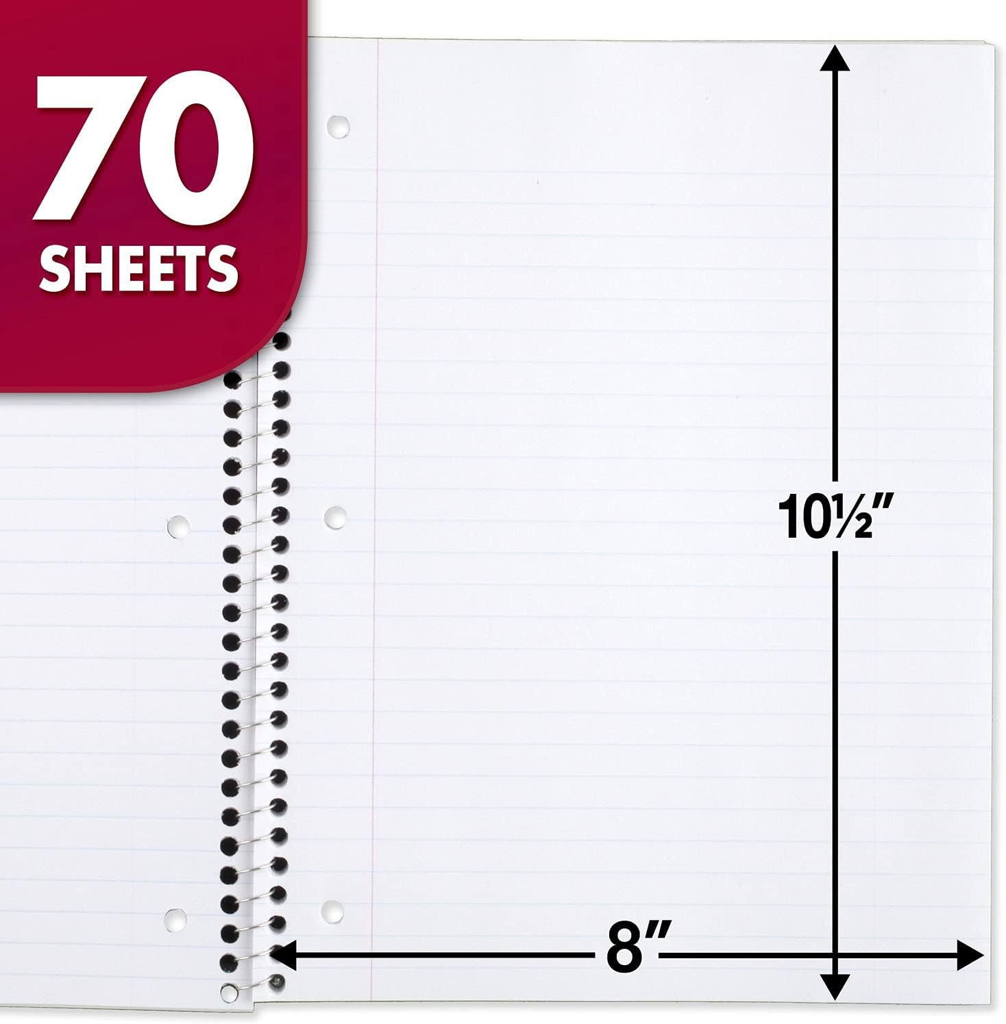 Wide Folio Notebook, 6-Pack, Long-Lasting, Extra Pages - 70, Bleach-Free Thick Paper, 3-Hole Punched, 8x10-1/2, Spiral Notebook for Schools, Homes and Offices