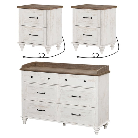 3 Piece Dresser and Nightstand Sets, Farmhouse Dresser with 6 Drawers, Set of 2 Night Stands with Charging Staion, 3 Piece Bedroom Set, Antique White
