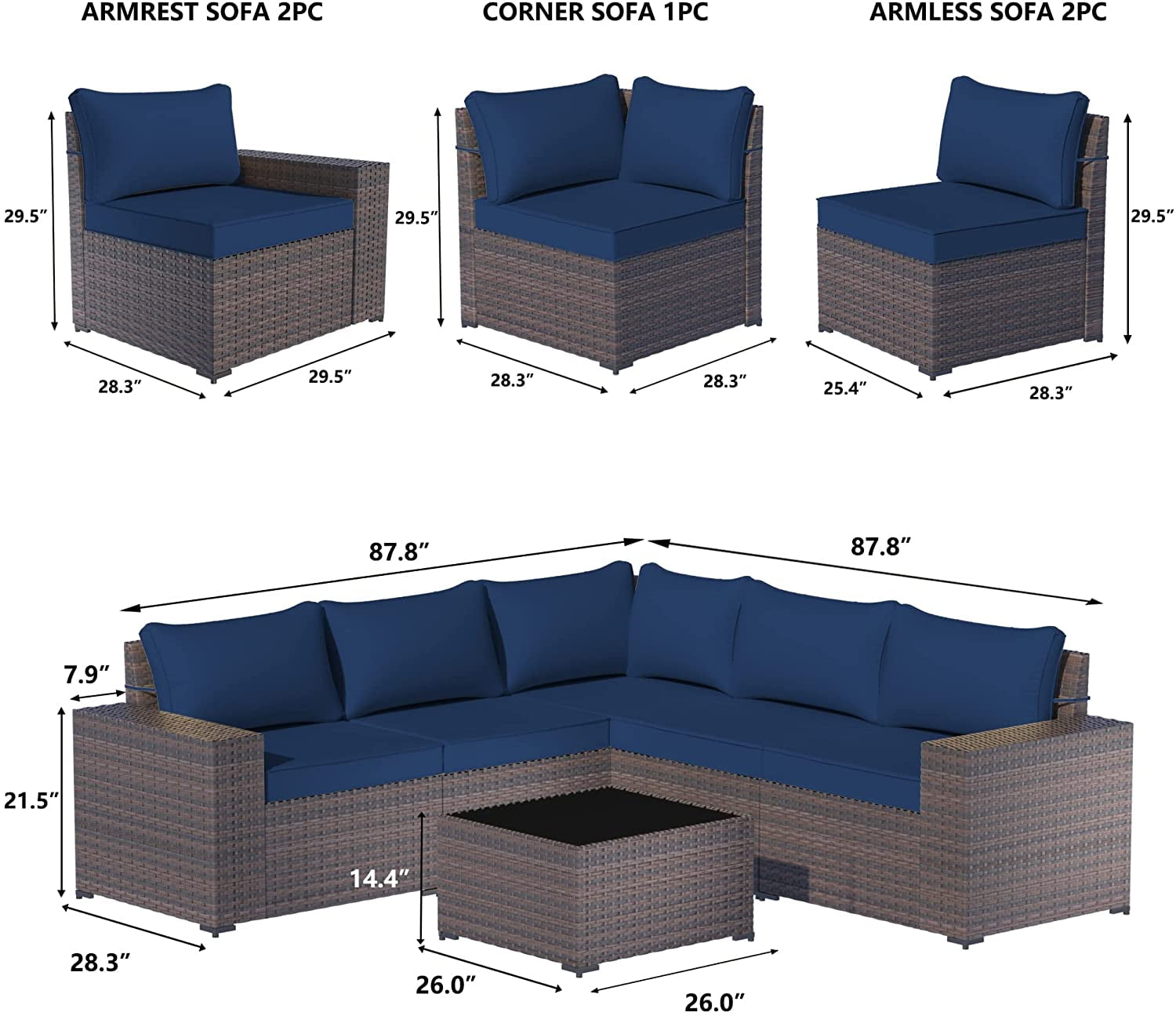Kullavik 6 Pieces Patio Furniture Sets All Weather Outdoor Sectional Sofa Manual Weaving Wicker Rattan Patio Conversation Set with Cushion and Glass Table (Navy Blue)